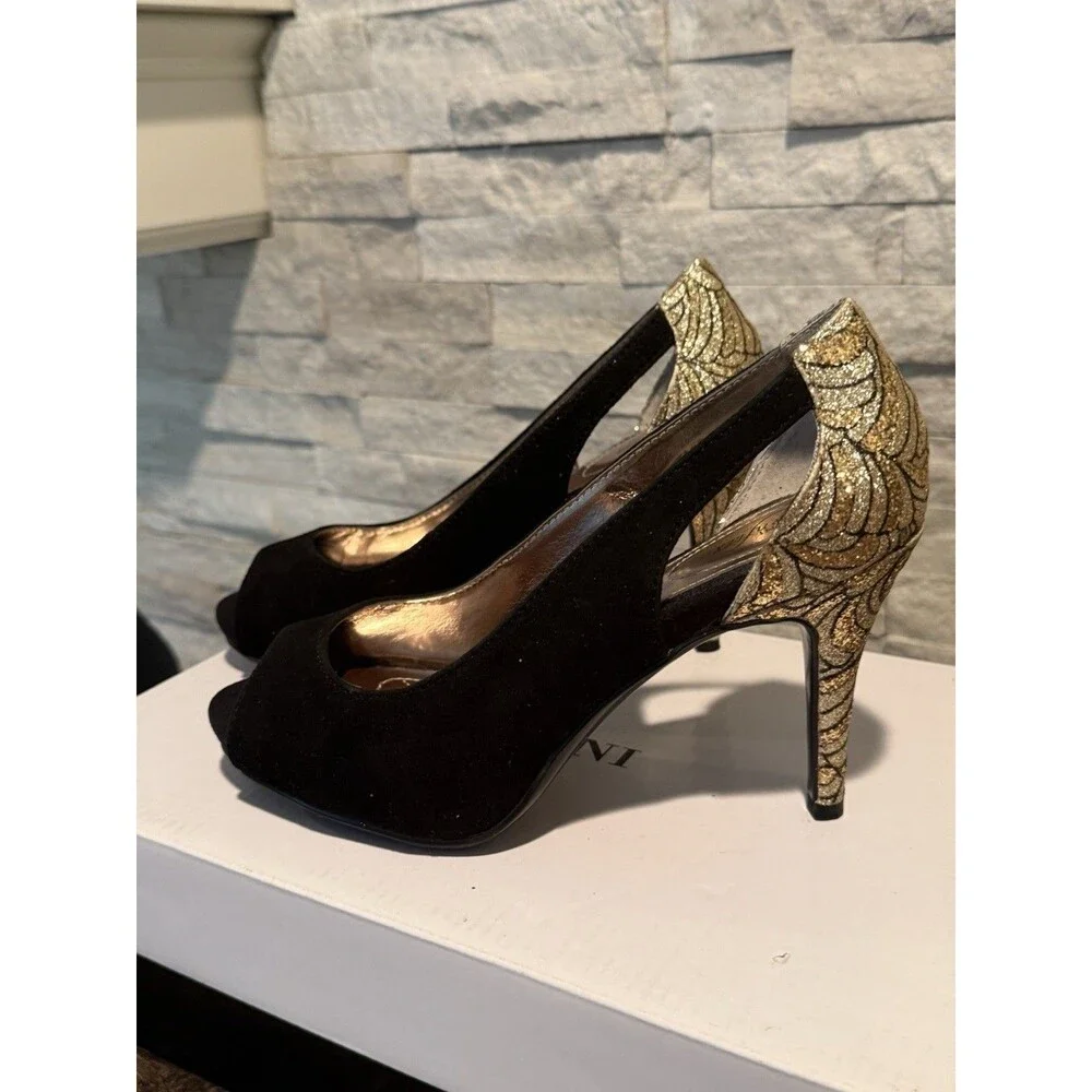 Alfani Womens Heels  -  Size 6M Black Suede Peep Toe Metallic Gold Pattern Pumps